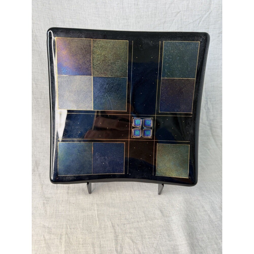 Vintage Signed Barrett Fused Glass Iridescent Decorative Plate Trinket W/Stand